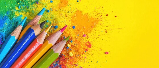 Colored pencils and powder explosion on yellow background
