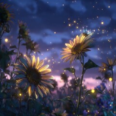 Enchanting sunflowers blooming in a dreamlike field illuminated by magical fireflies under a