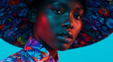 Enigmatic Beauty: A striking portrait of a person adorned in vibrant floral patterns and illuminated by dramatic color, capturing the essence of elegance and mystery.