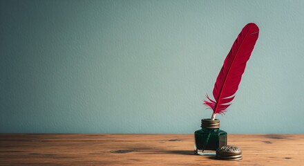 Writing a Story: A crimson feather dipped in a vintage inkwell sits upon a rustic wooden desk against a serene backdrop, whispering tales of a bygone era. The image captures the romance of writing.