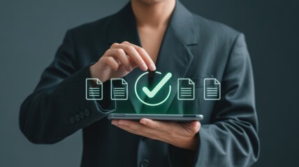 Digital Approval: A professional, using innovative technology, interacts with digital documents, highlighted by a glowing checkmark symbol symbolizing verification and approval.