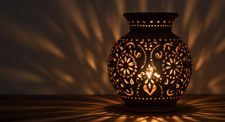 Beautiful Ornate Terracotta Lantern Vase with Intricate Cut-Out Patterns
