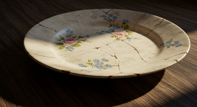 Vintage Cracked Ceramic Plate Adorned with Delicate Pink Roses and Blue Forget-Me-Nots