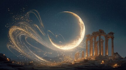 Magical moonlit temple landscape with glowing streams and ancient ruins creating ethereal atmosphere