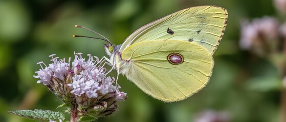 Pale yellow butterfly on purple flower macro closeup