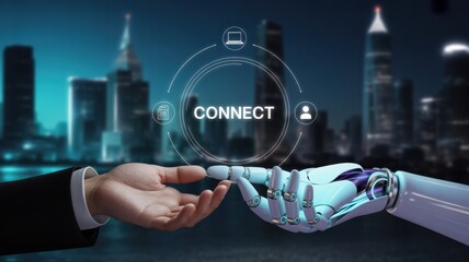 Connected Future: A human hand and a robotic hand interact, symbolizing technological connection in an urban setting at night. The word Connect hovers between them.