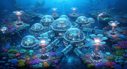 Underwater base future city ocean research station coral reef marine life exploration station fantasy art