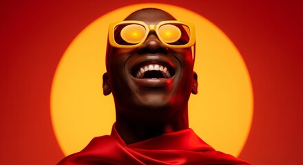 Radiant Optimism: A portrait of a smiling person wearing striking glasses against a bright, warm background, exuding a sense of happiness and joy.