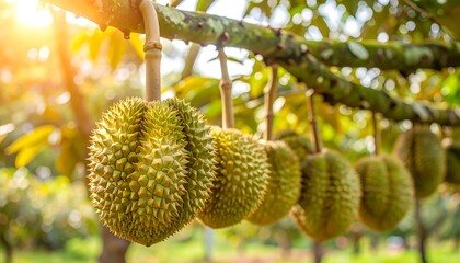 Durian fruit hanging on branches