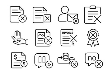 Freelance Rejection Icons. Line style icons of freelance project rejections: proposal declined, brief rejected, client no response