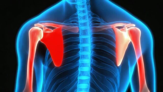 Anatomical illustration of a blue transparent skeletal upper torso with red highlighting on the clavicle and shoulder joints.