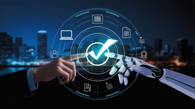 Tech Synergy: A human hand and a robotic hand interact, converging on a digital checkmark, symbolizing seamless collaboration between technology and humanity.