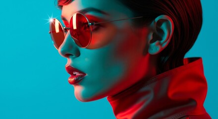 Radiant Gaze: A fashionable woman with short hair and retro sunglasses, immersed in vibrant, colorful light. A modern portrait, exploring themes of beauty, style and confidence.