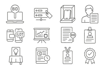 Tech Auction Icons. Line style icons of tech auctions: laptop with bid card, server tag icon, tablet in glass display, bidder