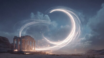 Mystical ancient ruins with swirling light and celestial sky in dreamy landscape