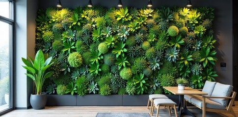 Vibrant, living wall of succulents and air plants adds a touch of nature to a modern interior Perfect for home decor, office spaces, and commercial settings , nature, green wall, display