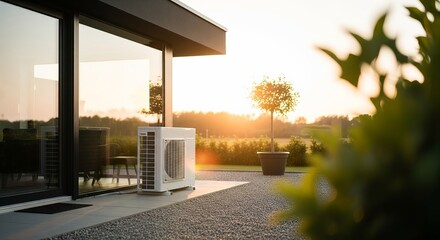 Modern House Facade in Sunset: A modern house exterior showcasing sleek architecture, glass walls, and a patio bathed in the warm glow of the setting sun, complemented by verdant plants.