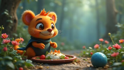 Naklejka premium Cute Orange Mouse Character Enjoying a Picnic in the Sunny Forest