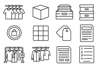 Wholesale Apparel Icons. Line style icons of wholesale apparel: hanging bulk garments, clothing box icon, folded shirts in crate,