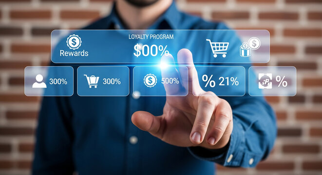 Hand interacting with digital loyalty program interface showing rewards, percentages, and shopping cart icons, representing customer engagement and rewards programs in e-commerce