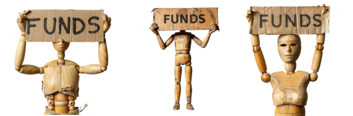 Three wooden mannequin torsos holding signs that say funds isolated on transparent background