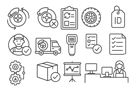 Auto Parts Exchange Icons. Line style icons of auto part exchanges: car part icon with swap arrow, wrong item received symbol,