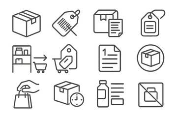 Line Style Purchases. Line style icons of physical goods purchases: box with label icon, barcode scanned tag, package with receipt