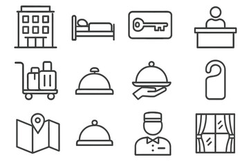 Travel Accommodation Icons. Line style icons of travel accommodations: hotel building, bed icon, keycard, front desk; luggage