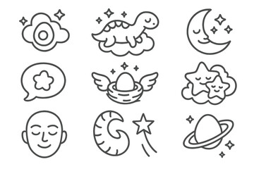 Prehistoric Dream Icons. Line style icons of prehistoric dreams: stars above, egg cloud, sleepy dino floating, smiling moon; cloud