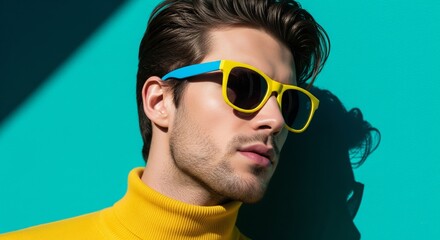 Stylish Portrait in Vibrant Hue: A modern man exudes confidence in a vivid studio portrait, striking a pose against a captivating teal background and showcasing unique eyewear. 