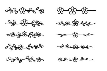 Decorative Floral Dividers. Line style icons of decorative floral dividers: horizontal flower vine, blossom line, petal bar, stem