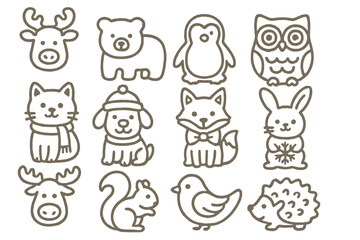 Holiday Cookie Animals Icons. Line style icons of holiday cookie animals: reindeer cookie, polar bear cookie, penguin cookie, owl