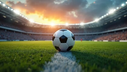 Realistic soccer stadium scene focuses on black, white ball on white centerline. Rich green field, stadium lights, audience in background. AI generative sport asset for game, match, league promotion.