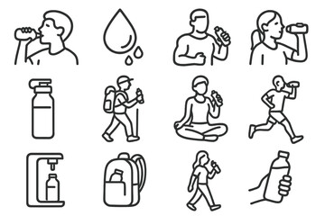 Fototapeta premium Hydration Icon Set. Line style icons of active hydration scenarios: person drinking, sweat icon, hydration after workout, water