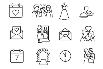 Wedding Timeline Icons. Line style icons of wedding timeline: save the date icon, engagement celebration, dress shopping,