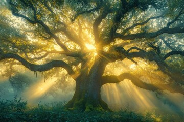 Majestic ancient oak tree bathed in golden sunrise light, creating a mystical and serene atmosphere.