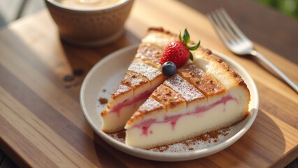 Slice of cheesecake with berries on wooden board.  Dessert, cafe food.