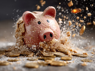 piggy bank breaking open coins and dust