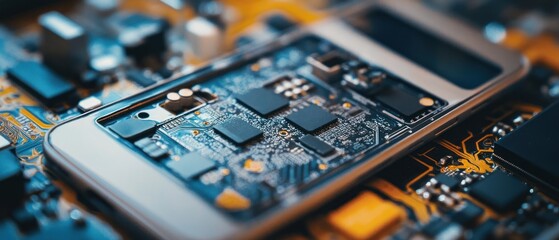 Circuit board technology closeup electronic components and pathways digital hardware innovation
