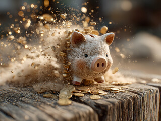 piggy bank breaking open coins and dust