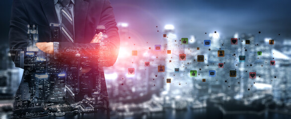 Social media interaction digital icons floating show concept of social media marketing. Online engagement, influencer marketing, and modern connection technology. Spline