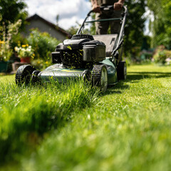 Close-up of lawn mowing with a petrol lawn mower on a sunny day. Green grass flying in the air. Concept of gardening, landscaping, lawn care and outdoor maintenance.