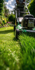 Close-up of lawn mowing with a petrol lawn mower on a sunny day. Green grass flying in the air. Concept of gardening, landscaping, lawn care and outdoor maintenance.