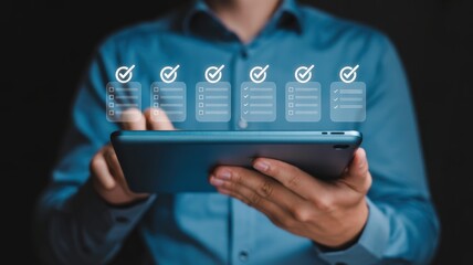 Digital Checklist: A modern individual manages their tasks using a digital checklist on a sleek tablet, highlighting the ease and efficiency of modern technology.