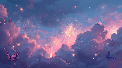 Magical Nightscape with Butterflies Fireworks and Dreamy Clouds in Pastel Tones
