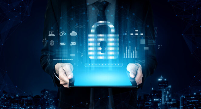 Cybersecurity protection system showing password encryption, fingerprint ID, cloud security, email, credit card, and database lock for secure data access Vouch