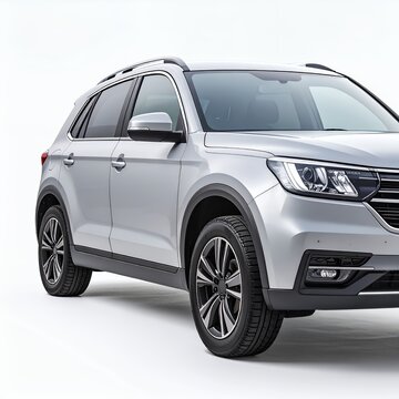 Sleek silver crossover vehicle showcasing modern design aesthetics and engineering on white background