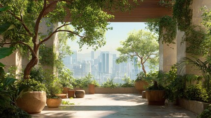 Lush Rooftop Garden Oasis Framing a Sunlit Modern Cityscape.