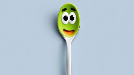 Spoon with a green face on it. The spoon is smiling and has eyes. The spoon is on a blue background