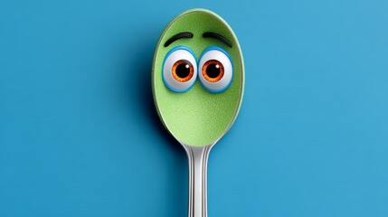 Spoon with green eyes is on a blue background. The spoon is looking at the camera. The spoon is a cartoon character